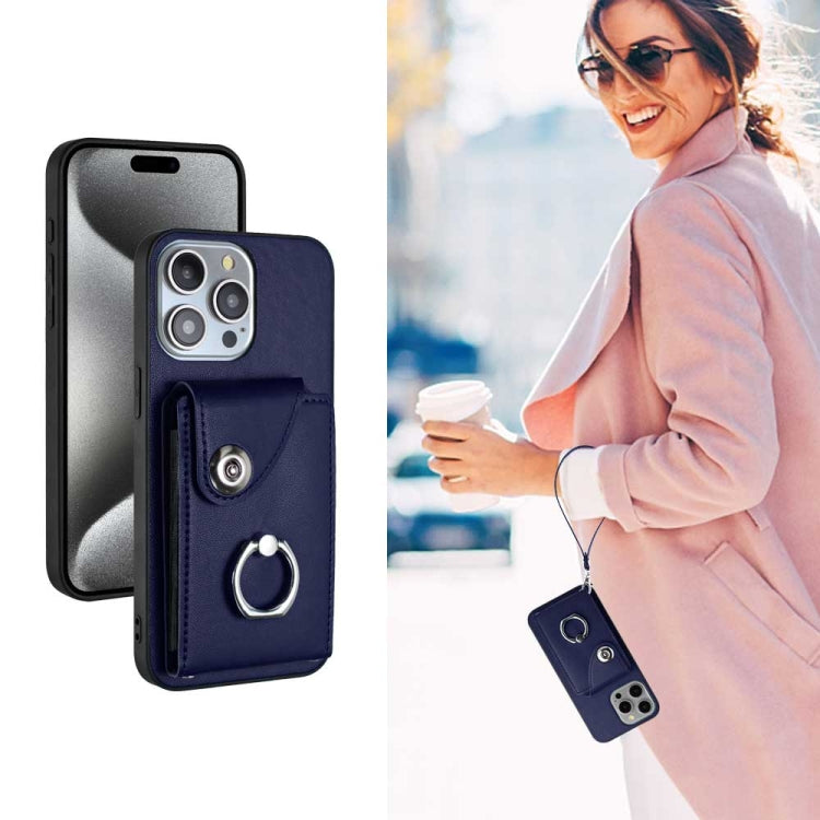 Organ Card Bag Ring Holder PU Phone Case with Lanyard, For iPhone 15 Pro Max, For iPhone 15 Pro, For iPhone 15 Plus, For iPhone 15