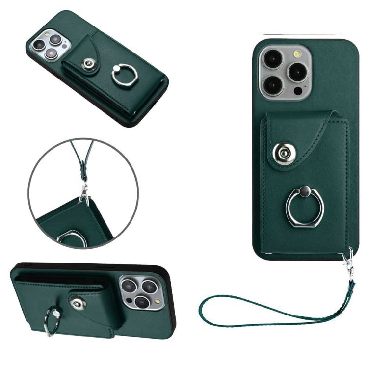 Organ Card Bag Ring Holder PU Phone Case with Lanyard, For iPhone 15 Pro Max, For iPhone 15 Pro, For iPhone 15 Plus, For iPhone 15
