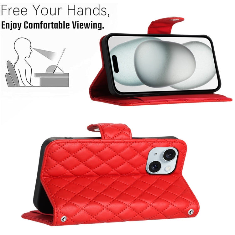 Rhombic Texture Flip Leather Phone Case with Lanyard, For iPhone 15, For iPhone 14 Plus, For iPhone 14, For iPhone 14 Pro