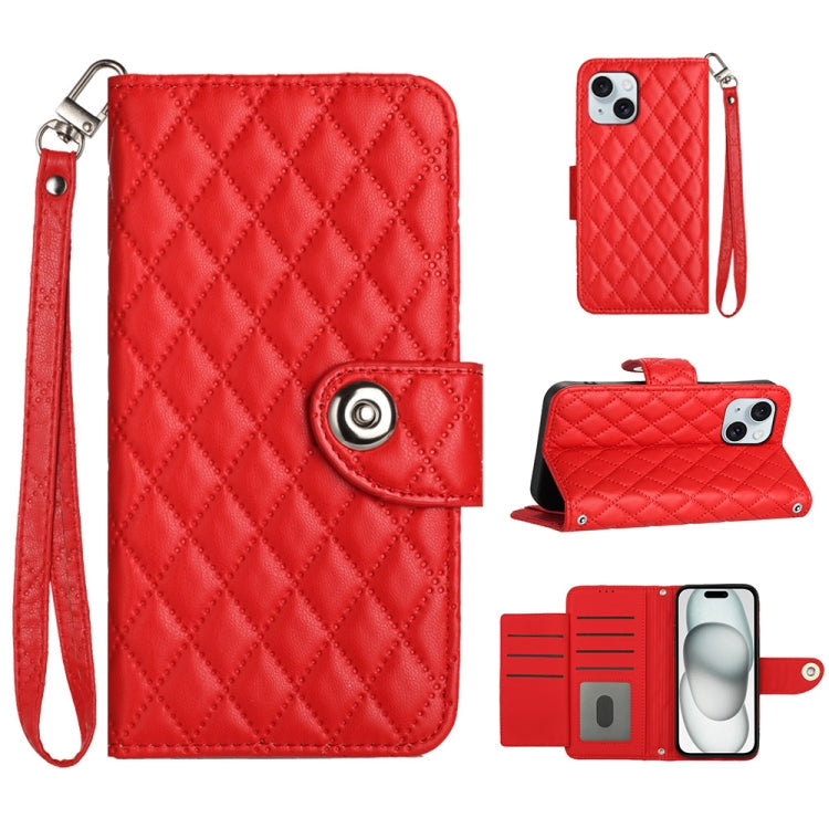Rhombic Texture Flip Leather Phone Case with Lanyard, For iPhone 15, For iPhone 14 Plus, For iPhone 14, For iPhone 14 Pro