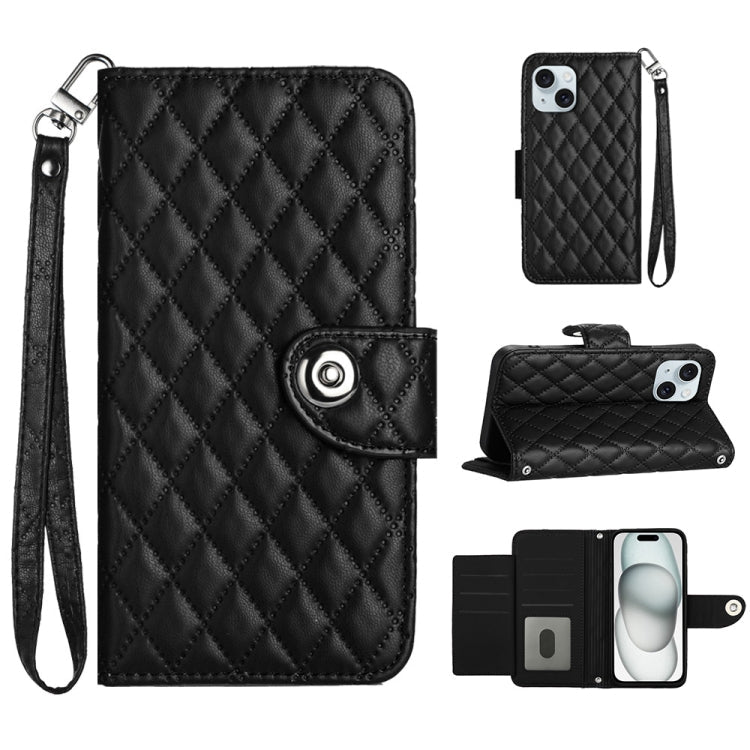 Rhombic Texture Flip Leather Phone Case with Lanyard, For iPhone 15, For iPhone 14 Plus, For iPhone 14, For iPhone 14 Pro