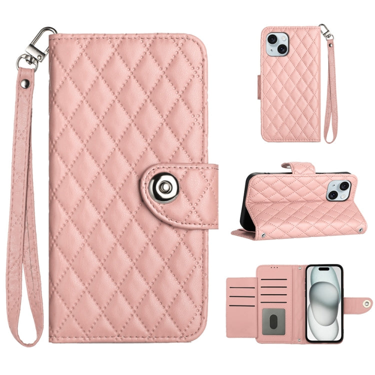 Rhombic Texture Flip Leather Phone Case with Lanyard, For iPhone 15, For iPhone 14 Plus, For iPhone 14, For iPhone 14 Pro