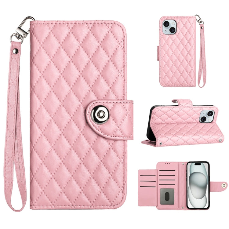 Rhombic Texture Flip Leather Phone Case with Lanyard, For iPhone 15, For iPhone 14 Plus, For iPhone 14, For iPhone 14 Pro