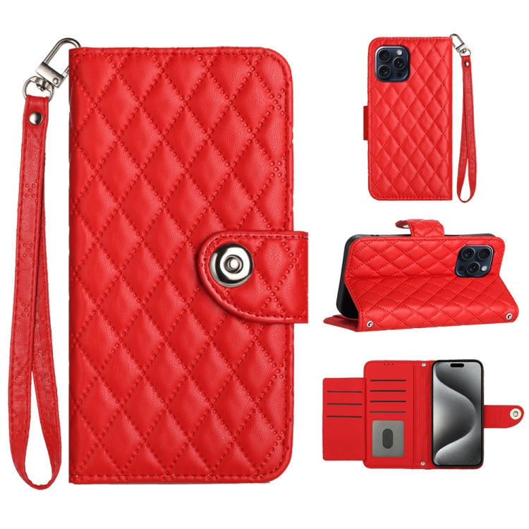 Rhombic Texture Flip Leather Phone Case with Lanyard, For iPhone 15, For iPhone 14 Plus, For iPhone 14, For iPhone 14 Pro