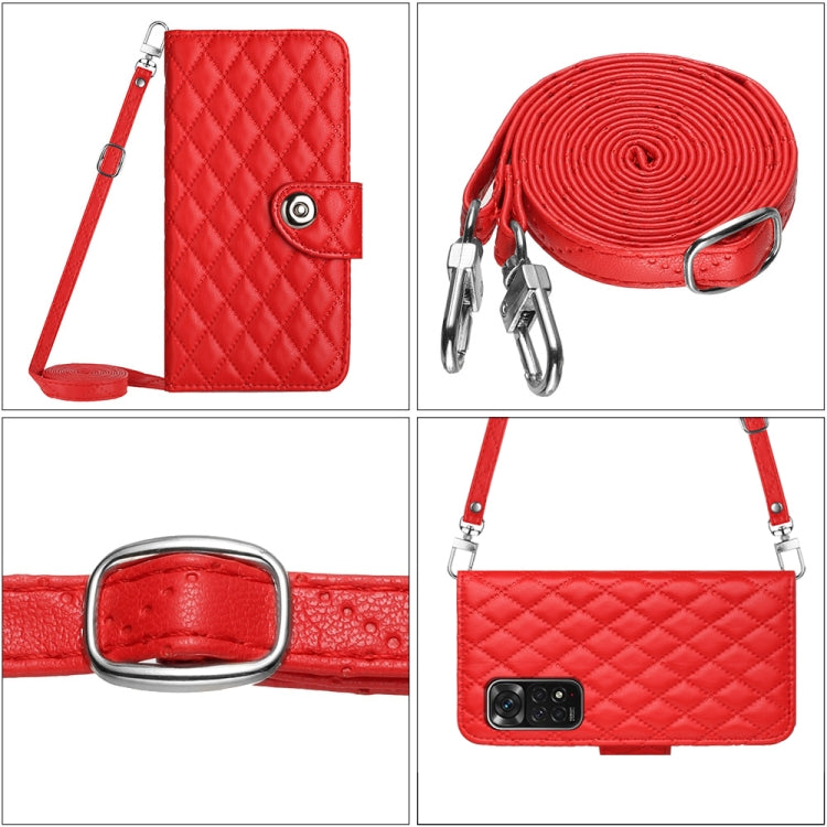 Rhombic Texture Flip Leather Phone Case with Long Lanyard, For Xiaomi Redmi Note 11S / Note 11 Global