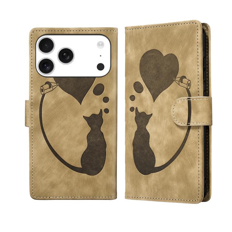 Pen Heart Cat Embossed Leather Phone Case, For iPhone 17 Pro Max, For iPhone 17 Pro, For iPhone 17, For iPhone Air