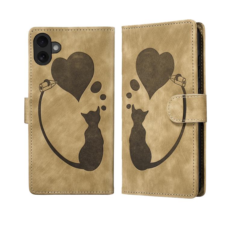 Pen Heart Cat Embossed Leather Phone Case, For iPhone 17 Pro Max, For iPhone 17 Pro, For iPhone 17, For iPhone Air