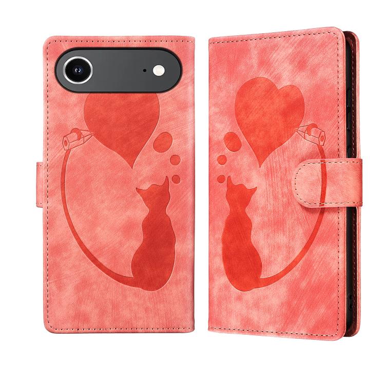 Pen Heart Cat Embossed Leather Phone Case, For iPhone 17 Pro Max, For iPhone 17 Pro, For iPhone 17, For iPhone Air