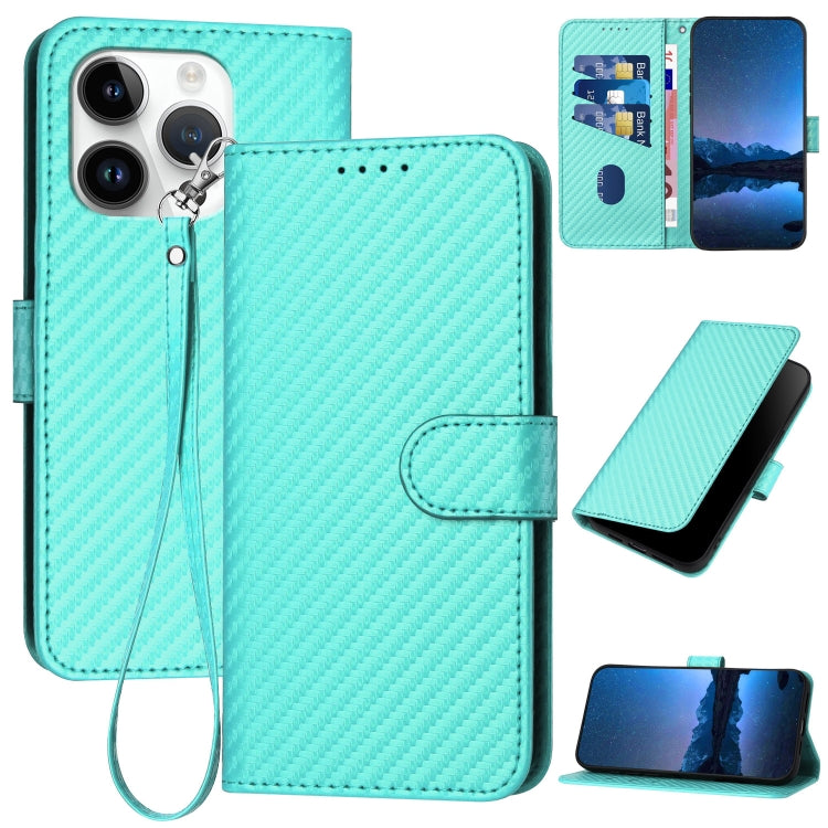 YX0070 Carbon Fiber Buckle Leather Phone Case with Lanyard, For iPhone 14 Pro, For iPhone 14 Pro Max, For iPhone SE 2022 / SE 2020 / 8 / 7