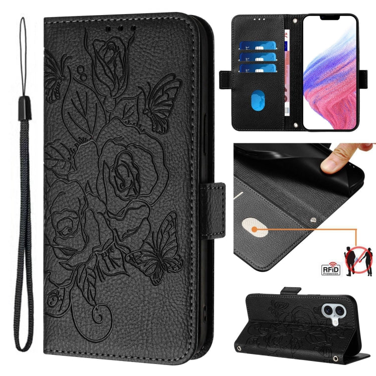 Embossed Rose RFID Anti-theft Leather Phone Case, For iPhone 16, For iPhone 15 Pro Max, For iPhone 15 Pro, For iPhone 15 Plus