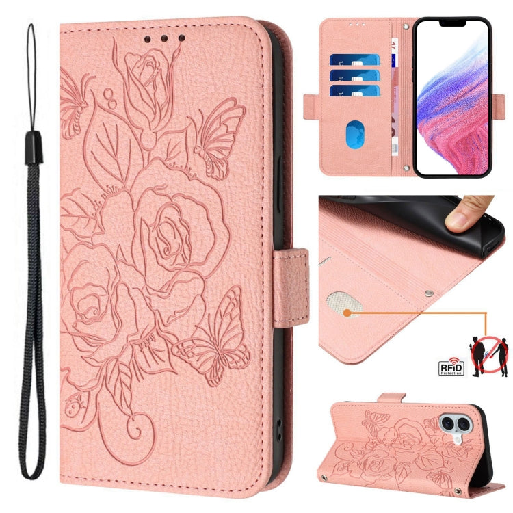 Embossed Rose RFID Anti-theft Leather Phone Case, For iPhone SE 2024, For iPhone 16 Pro Max, For iPhone 16 Pro, For iPhone 16 Plus