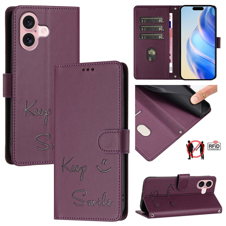Smile Embossing RFID Leather Phone Case, For iPhone 16, For iPhone 15 Pro Max, For iPhone 15 Pro, For iPhone 15 Plus