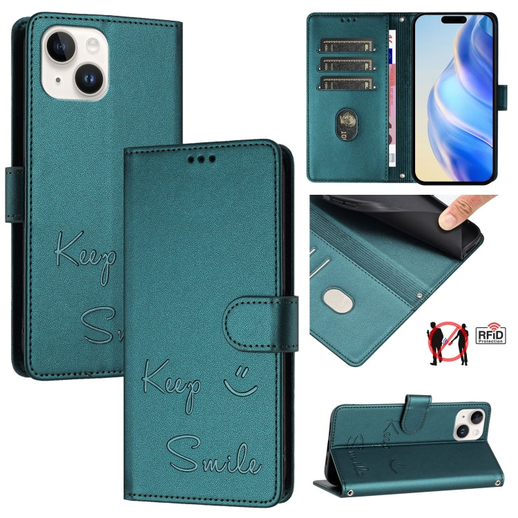 Smile Embossing RFID Leather Phone Case, For iPhone 15, For iPhone 14 Plus, For iPhone 14 / 13, For iPhone 14 Pro