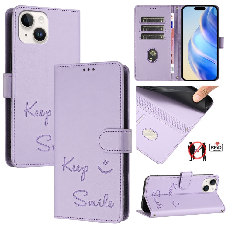 Smile Embossing RFID Leather Phone Case, For iPhone 15, For iPhone 14 Plus, For iPhone 14 / 13, For iPhone 14 Pro