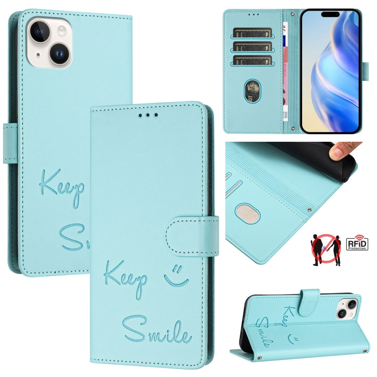 Smile Embossing RFID Leather Phone Case, For iPhone 15, For iPhone 14 Plus, For iPhone 14 / 13, For iPhone 14 Pro
