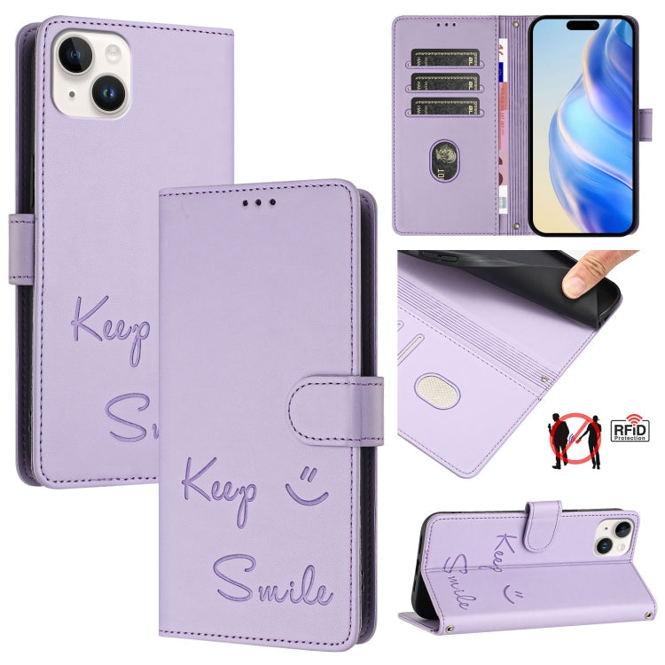 Smile Embossing RFID Leather Phone Case, For iPhone 15, For iPhone 14 Plus, For iPhone 14 / 13, For iPhone 14 Pro