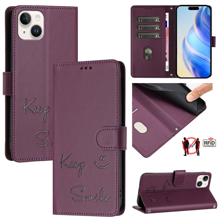 Smile Embossing RFID Leather Phone Case, For iPhone 15, For iPhone 14 Plus, For iPhone 14 / 13, For iPhone 14 Pro