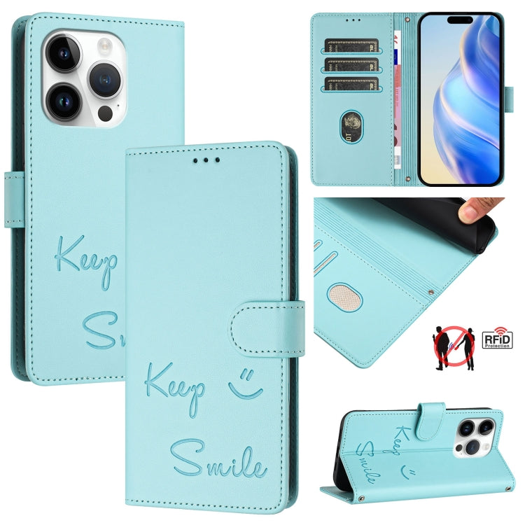 Smile Embossing RFID Leather Phone Case, For iPhone 15, For iPhone 14 Plus, For iPhone 14 / 13, For iPhone 14 Pro