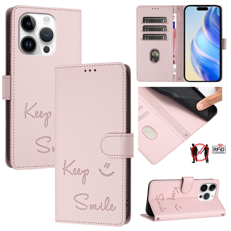 Smile Embossing RFID Leather Phone Case, For iPhone 15, For iPhone 14 Plus, For iPhone 14 / 13, For iPhone 14 Pro