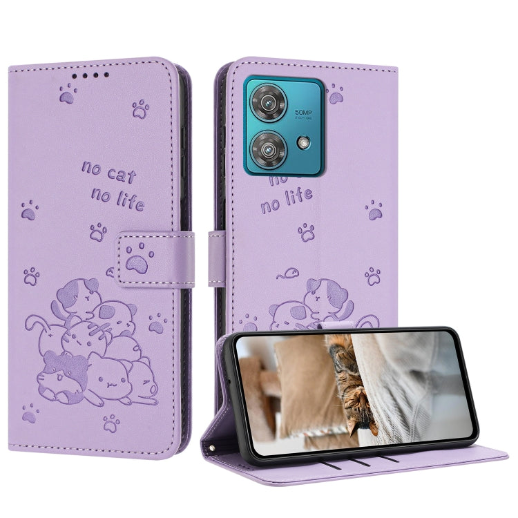 Embossed Kitten Phone Leather Case with Lanyard, For Motorola Moto G14, For Motorola Moto G Stylus 2023 4G, For Motorola Edge 40
