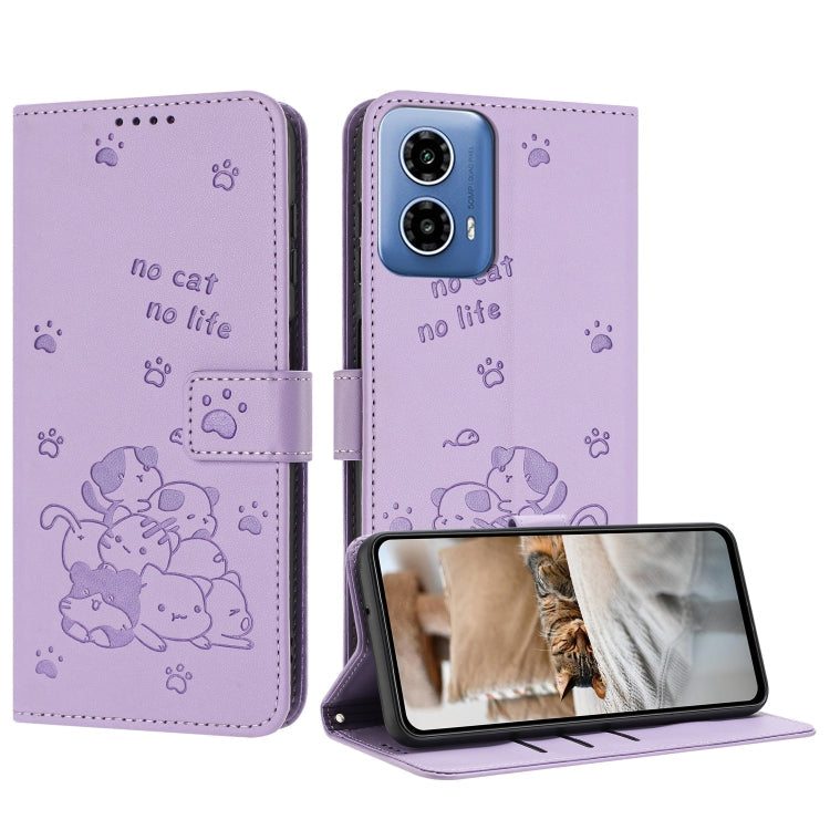Embossed Kitten Phone Leather Case with Lanyard, For Motorola Moto G Play 4G 2024, For Motorola Moto G Power 5G 2024, For Motorola Moto G84, For Motorola Edge 40 Neo
