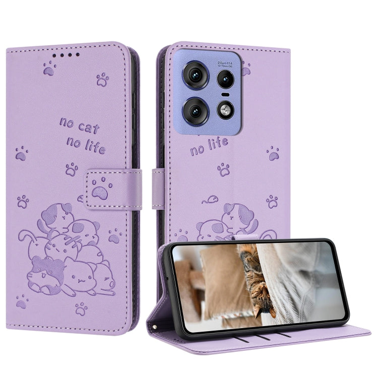 Embossed Kitten Phone Leather Case with Lanyard, For Motorola Edge 50 Fusion, For Motorola Moto G 5G 2024, For Motorola Moto G Stylus 5G 2024, For Motorola Moto G34