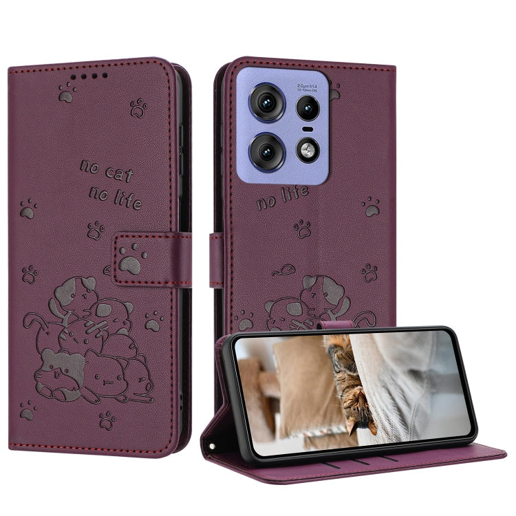 Embossed Kitten Phone Leather Case with Lanyard, For Motorola Edge 50 Fusion, For Motorola Moto G 5G 2024, For Motorola Moto G Stylus 5G 2024, For Motorola Moto G34