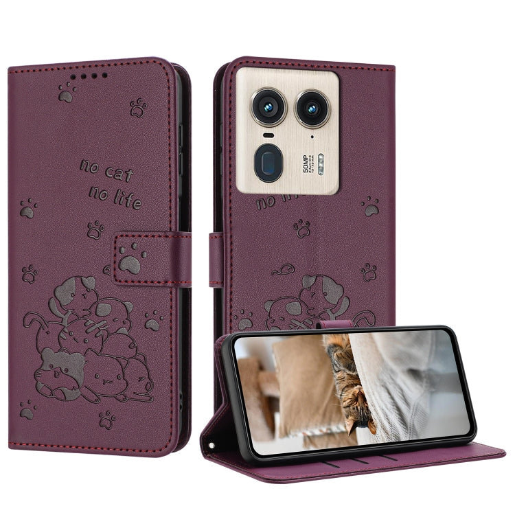 Embossed Kitten Phone Leather Case with Lanyard, For Motorola Edge 50 Fusion, For Motorola Moto G 5G 2024, For Motorola Moto G Stylus 5G 2024, For Motorola Moto G34