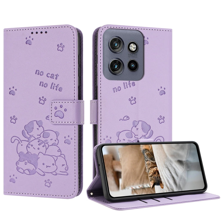 Embossed Kitten Phone Leather Case with Lanyard, For Motorola Moto G85, For Motorola Edge 2024 5G, For Motorola Edge 50 Ultra, For Motorola Edge 50 Pro