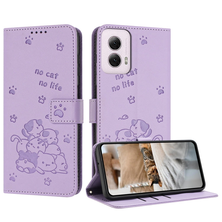 Embossed Kitten Phone Leather Case with Lanyard, For Motorola Moto G14, For Motorola Moto G Stylus 2023 4G, For Motorola Edge 40