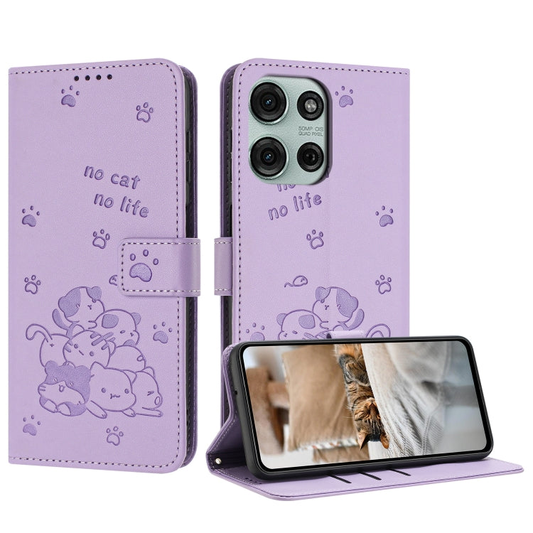 Embossed Kitten Phone Leather Case with Lanyard, For Motorola Moto G15, For Motorola Moto G 5G 2025, For Motorola Moto G Power / G Play 2025, For Motorola Moto G75