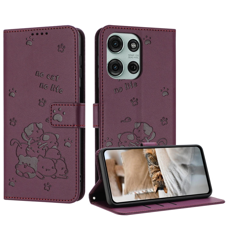 Embossed Kitten Phone Leather Case with Lanyard, For Motorola Moto S50 / Edge 50 Neo, For Motorola Moto G35, For Motorola Moto G55, For Motorola Moto G04 / G24 / G04s