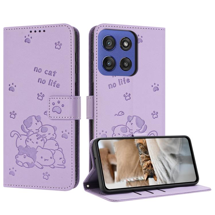 Embossed Kitten Phone Leather Case with Lanyard, For Motorola Moto G15, For Motorola Moto G 5G 2025, For Motorola Moto G Power / G Play 2025, For Motorola Moto G75