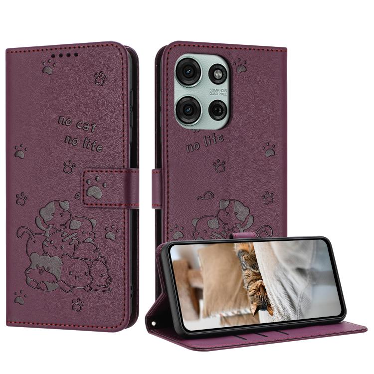 Embossed Kitten Phone Leather Case with Lanyard, For Motorola Edge 60 Pro, For Motorola Edge 60 Fusion, For Motorola Moto G Stylus 5G 2025, For Motorola Moto G05
