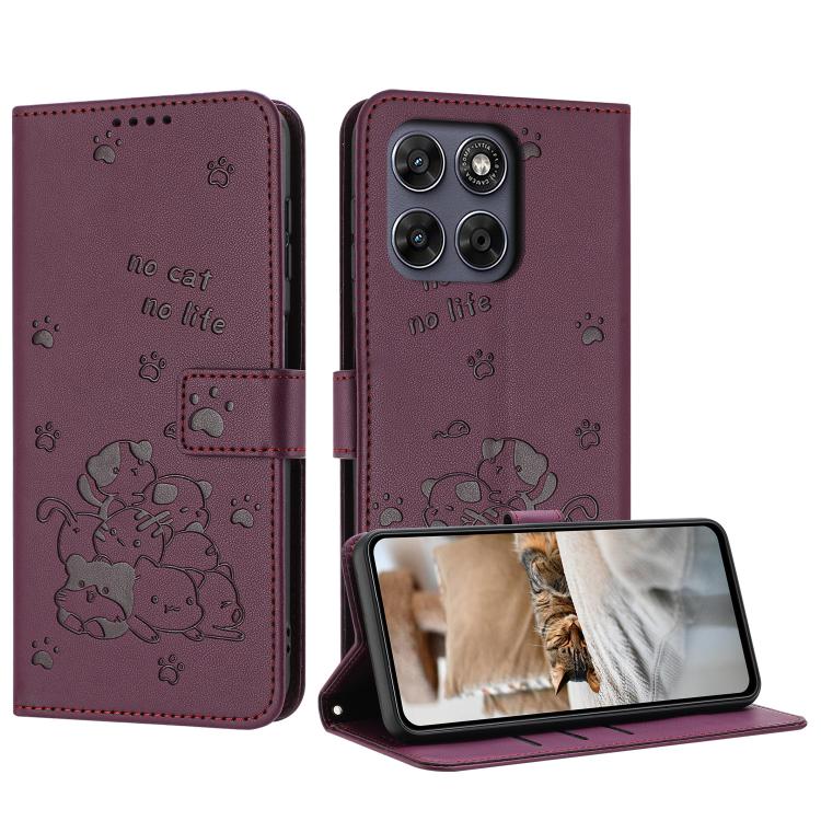 Embossed Kitten Phone Leather Case with Lanyard, For Motorola Moto G17 / G17 Power 4G, For Motorola Moto G67 / G77 5G, For Motorola Edge 70 Fusion 5G, For Motorola Moto G67 Power / G57 Power