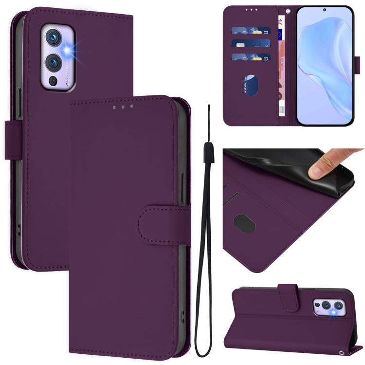 Skin Feel Solid Color Leather Phone Case with Lanyard, For OnePlus 9
