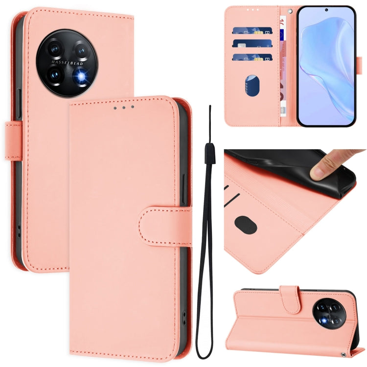 Skin Feel Solid Color Leather Phone Case with Lanyard, For OnePlus 11