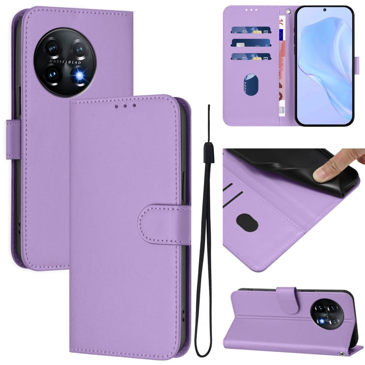 Skin Feel Solid Color Leather Phone Case with Lanyard, For OnePlus 11