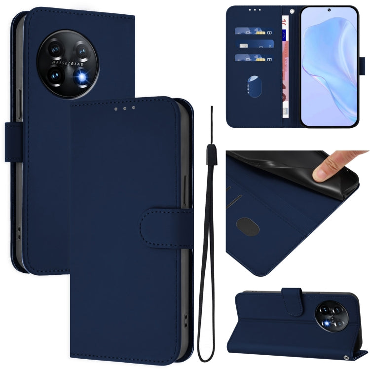 Skin Feel Solid Color Leather Phone Case with Lanyard, For OnePlus 11