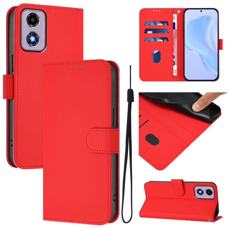 Skin Feel Solid Color Leather Phone Case with Lanyard, For Motorola Moto E14 / G04 4G
