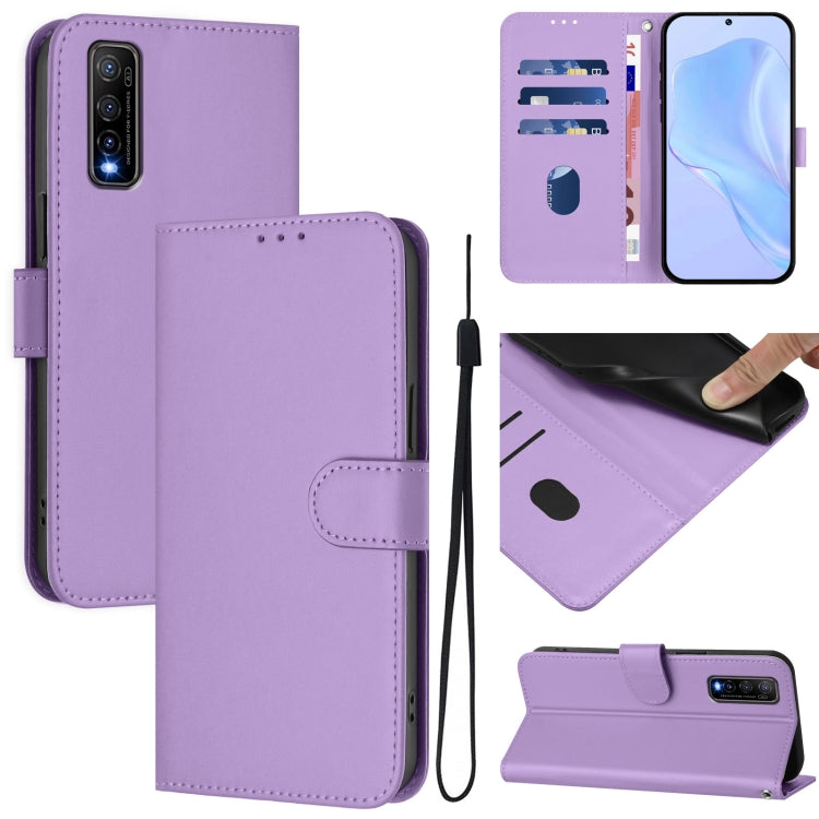 Skin Feel Solid Color Leather Phone Case with Lanyard, For vivo Y70S