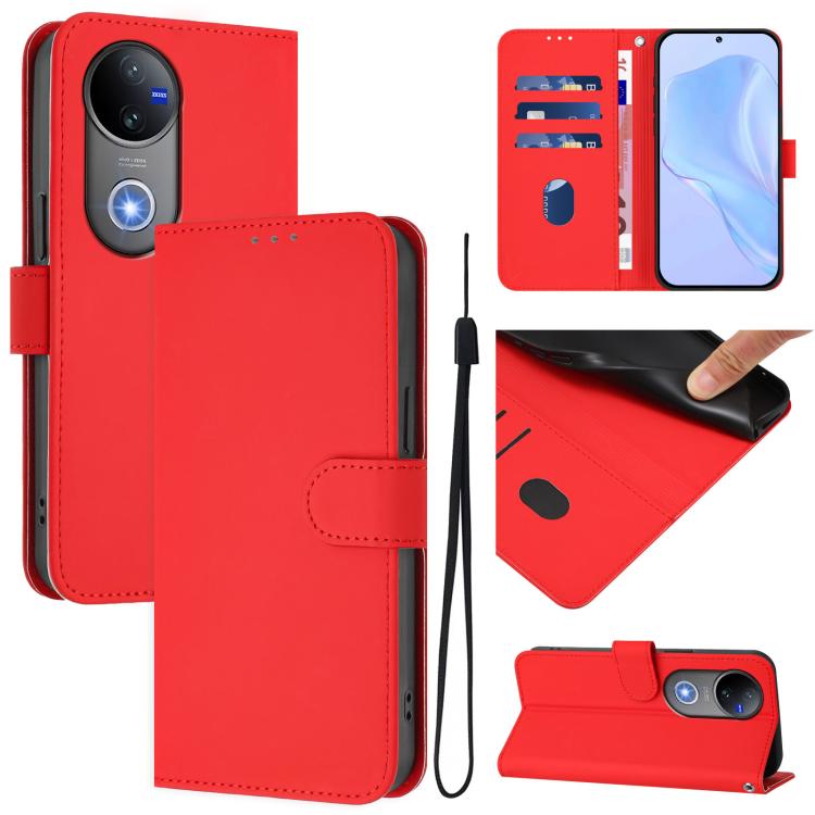 Skin Feel Solid Color Leather Phone Case with Lanyard, For vivo V50 Global