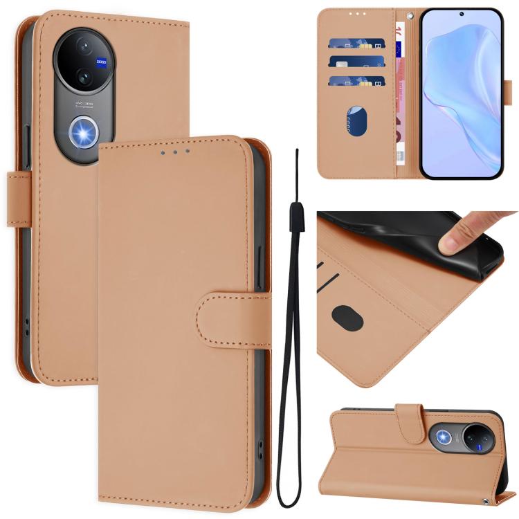 Skin Feel Solid Color Leather Phone Case with Lanyard, For vivo V50 Global