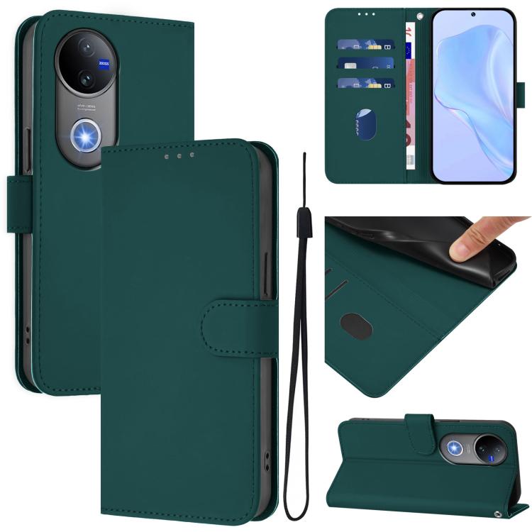 Skin Feel Solid Color Leather Phone Case with Lanyard, For vivo V50 Global