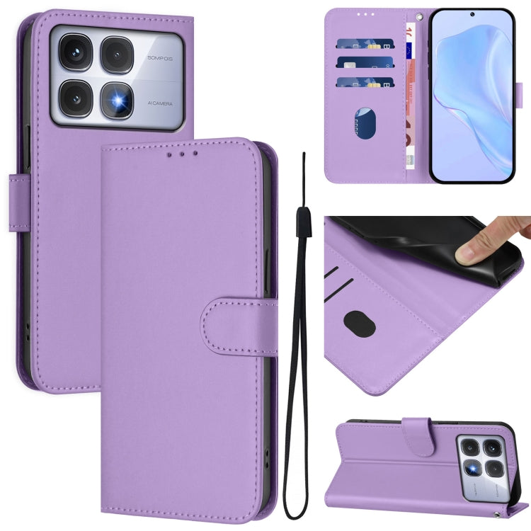 Skin Feel Solid Color Leather Phone Case with Lanyard, For Redmi 13C 4G Global