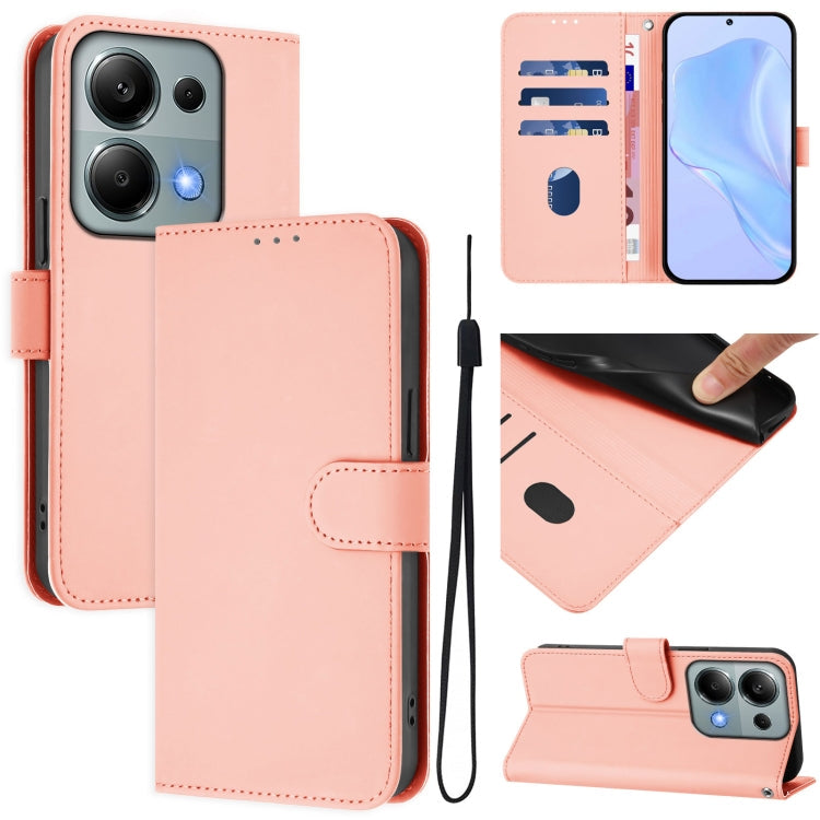 Skin Feel Solid Color Leather Phone Case with Lanyard, For Redmi Note 13 5G Global