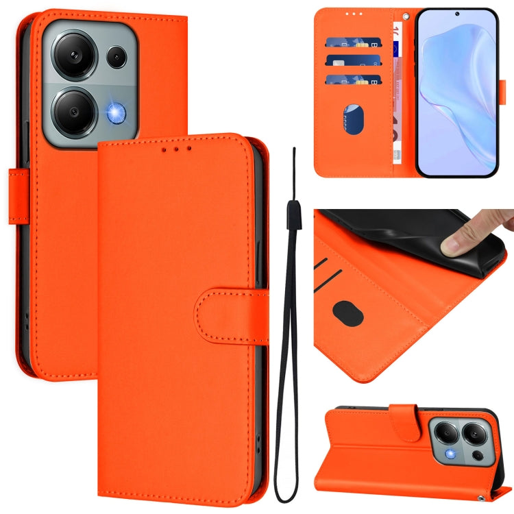 Skin Feel Solid Color Leather Phone Case with Lanyard, For Redmi Note 13 5G Global