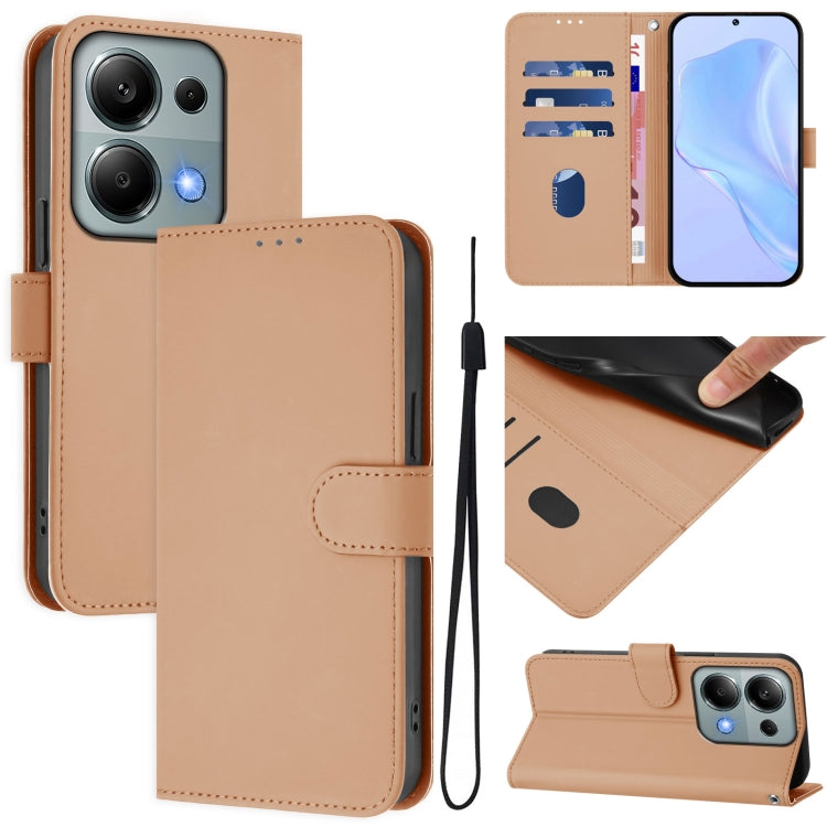 Skin Feel Solid Color Leather Phone Case with Lanyard, For Redmi Note 13 5G Global