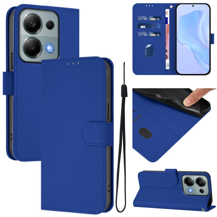 Skin Feel Solid Color Leather Phone Case with Lanyard, For Redmi Note 13 5G Global
