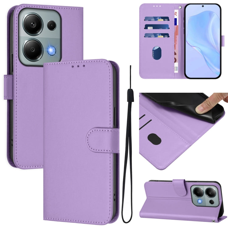 Skin Feel Solid Color Leather Phone Case with Lanyard, For Redmi Note 13 5G Global